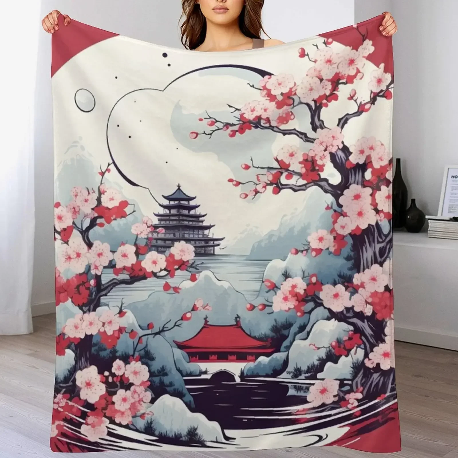 

Japanese Elegance: Tower and Blossoms Throw Blanket Decorative Throw for winter Cute Plaid Blankets