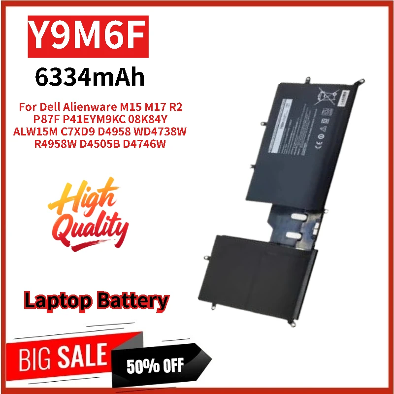 

Новый высококачественный аккумулятор для ноутбука Y9M6F 11,4 В 6334 мАч для Dell Alienware 08K84Y P87F P41E M15 M17 R2 YM9KC ALW15M R4958W D4505B