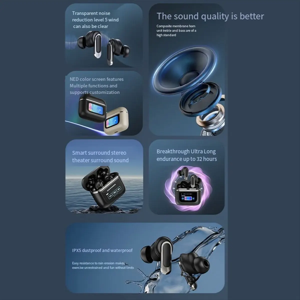 

T28C TWS Bluetooth 5.3 Bluetooth-наушники-вкладыши V8 с полноцветным сенсорным экраном, настоящие беспроводные наушники с шумоподавлением, спортивная гарнитура, B