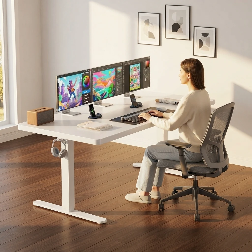 71 X 30 Inch Large Electric Standing Desk, Brushless Motor, White | 30 Inch Deep Desktop, 220 lb Capacity, 4 Memory Presets, Cable Tray, Dual Hooks, Height 27.9–46.5 Inch; Ships In 2 Packages