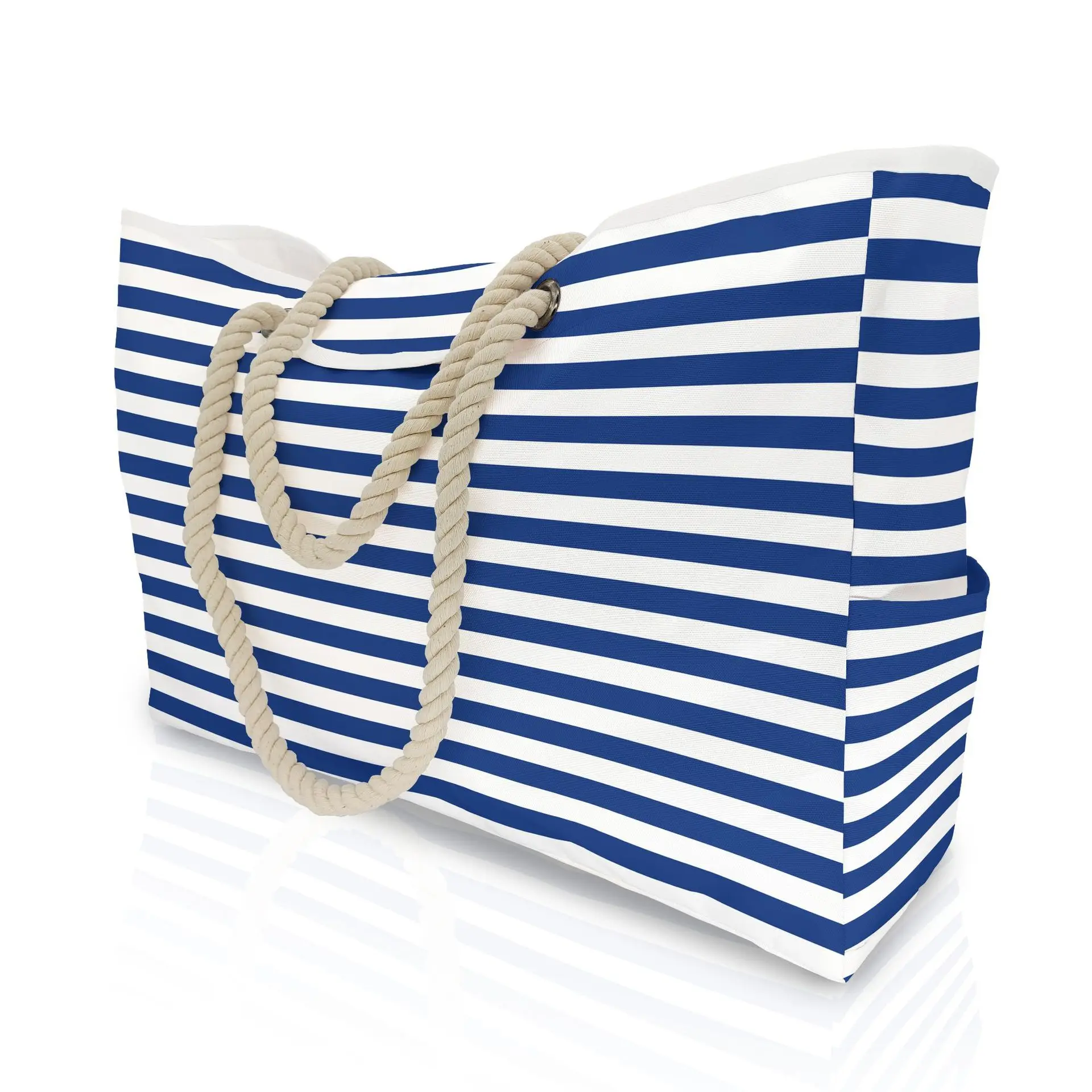 Oxford Cloth Beach Bag Open Pocket Summer Large Capacity Beach Bag Blue and White Striped Handbag