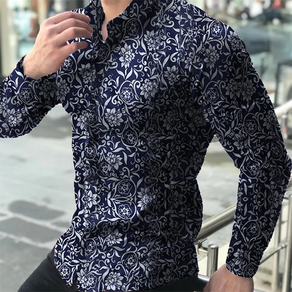 Men's New Dark 3D Printed Shirt Retro Fashion Simple Business Casual Natural Long Sleeve Lapel Button Shirt Men's Outdoor Top