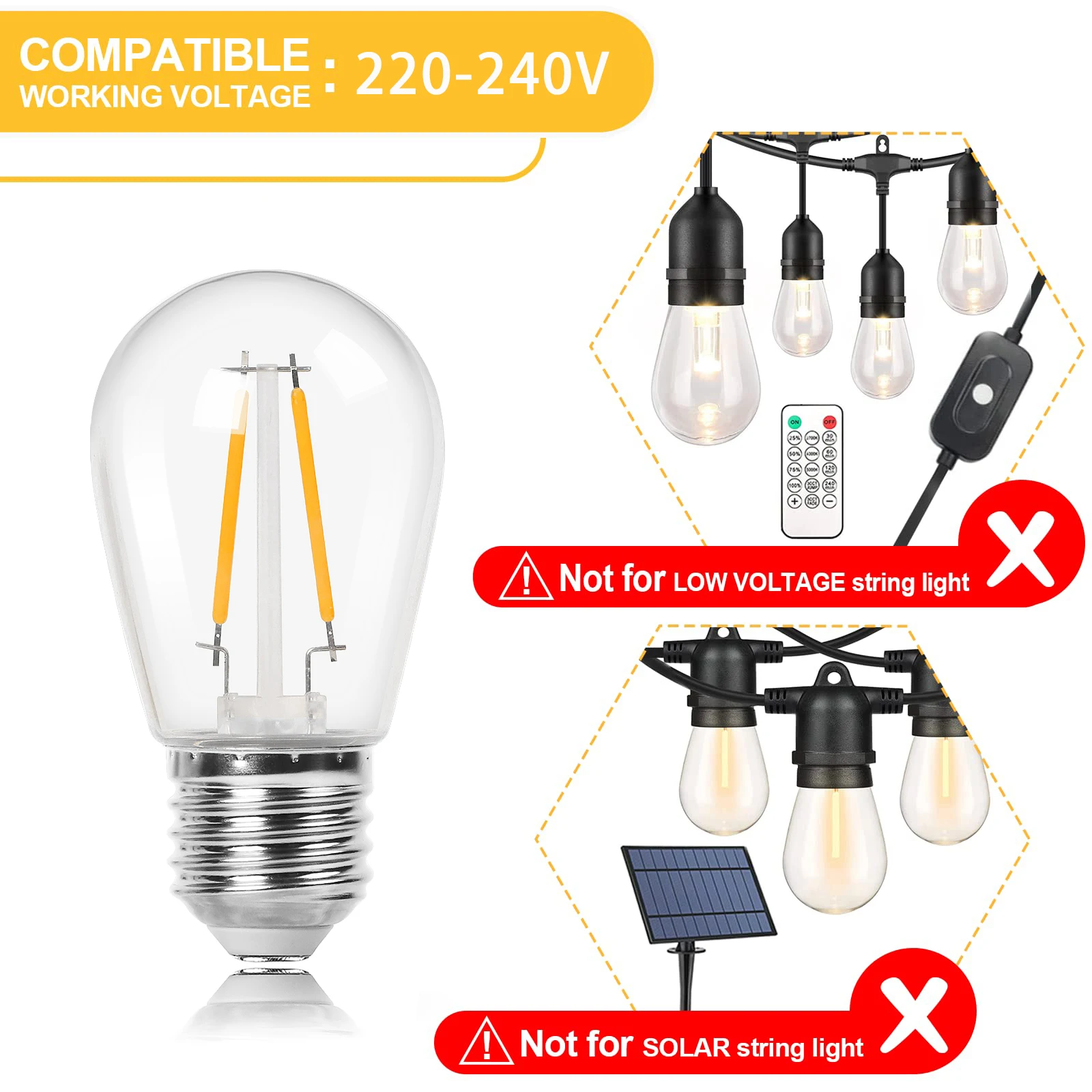 Bombillas de plástico S14 de repuesto, bombillas de luz LED E27 Vintage Edison, resistente al agua e inastillable, para jardín y Patio, 15 paquetes de 2W