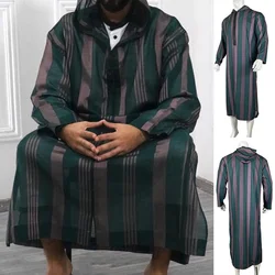 Muslim Men Clothing Kaftan Robes Pakistan Traditional Ethnic Jubba Thobe Hooded Stripe Middle East Thobe Kurta Arab Abaya Dress