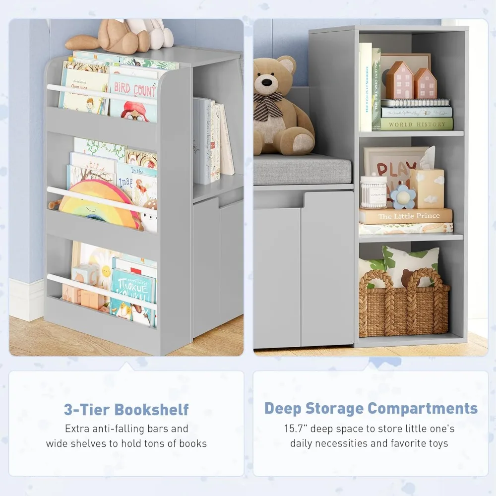 61.5 زاوية قراءة للأطفال مع رف كتب مكون من 3 طبقات، زاوية قراءة للأطفال مع مقعد مزدوج وأدراج دوارة، ورف كتب وشارع ألعاب