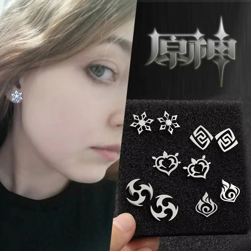 Genshin-pendientes de acero inoxidable de impacto para mujer, 7 elementos de visión, Pyro, Hydro Anemo, Electro Dendro Cryo Geo, joyería