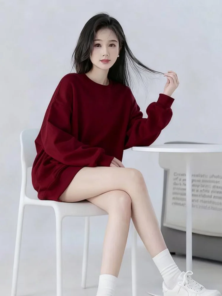 

Autumn Winter Women's round Ne Fce Lined Hoodl Sweatirt Loose Fit American Sle plus Size Wine Red Color Top