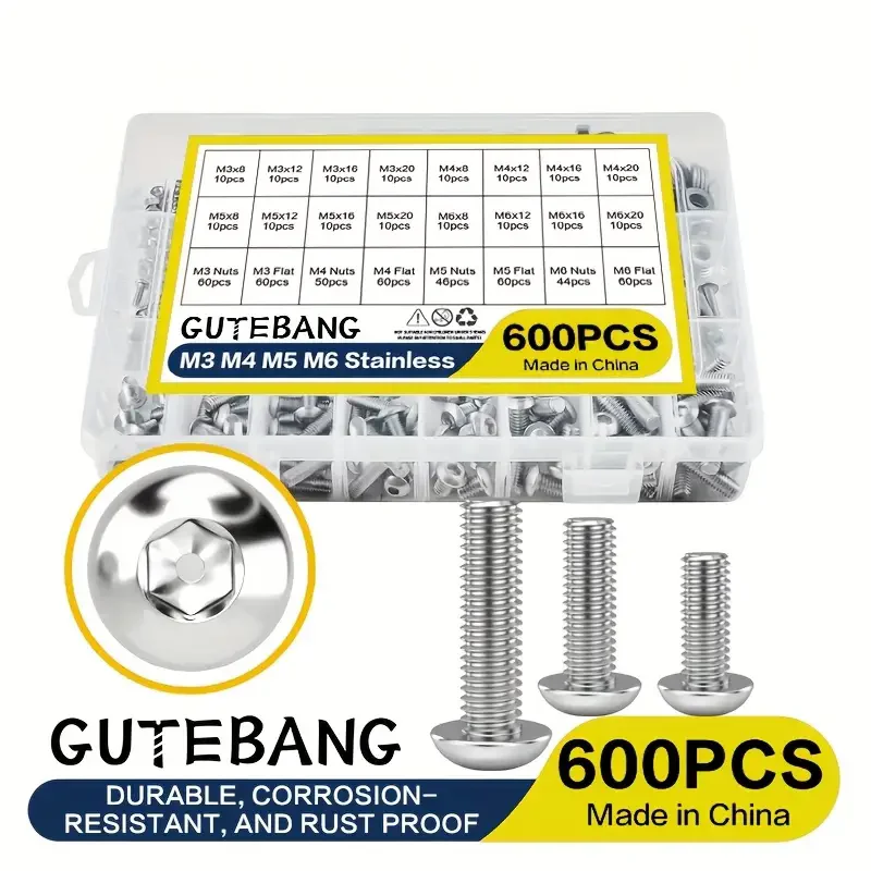

600pcs Stainless Steel Hex Bolt Nut Washer Assortment Kit - M3 M4 M5 M6 All-Gauge Sizes (16 Types) Heavy-Duty Fasteners