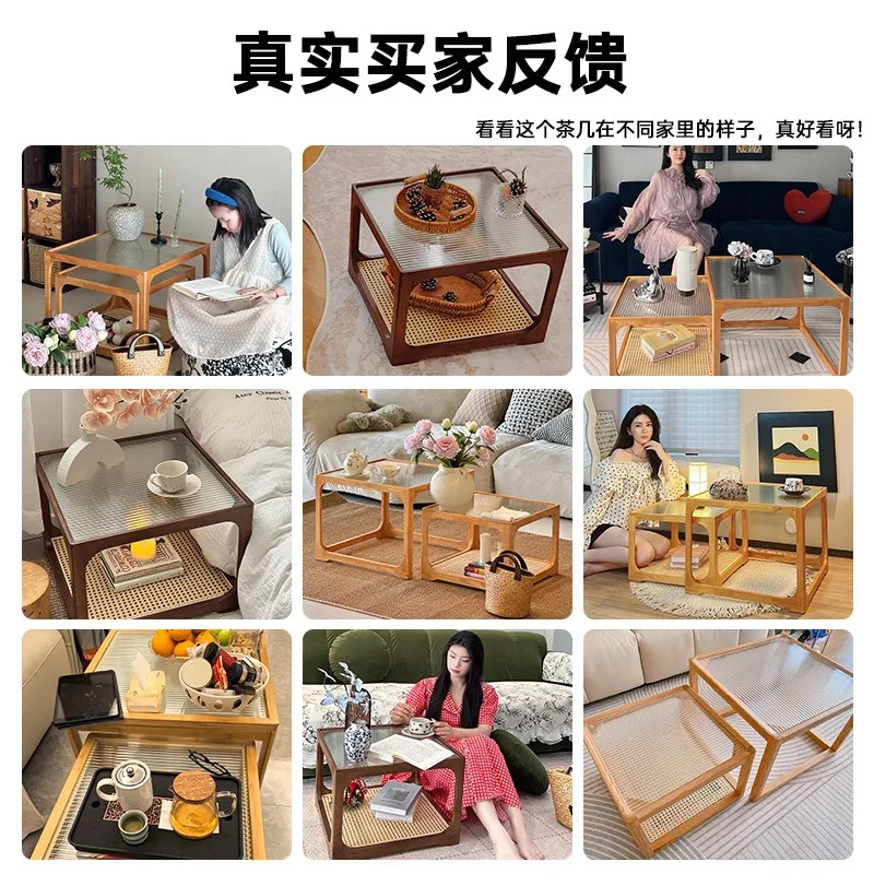 Square Glass Top Solid Wood Nesting Coffee Table Set, Minimalist Large Small Tea Table for Living Room Home Decor Furniture