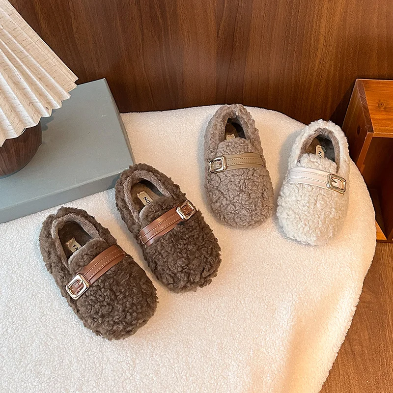 Children's Sheepskin Warm Polar Fleece Lined with Soybean Shoes Are Easy for Girls To Wear Soft Cotton Shoes Autumn and Winter