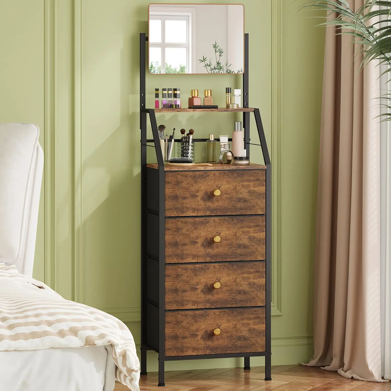 

4-Drawer Dresser with Mirror, Vanity with 2-Tier Shelves, Fabric Chest of Drawers for Small Space, Vertical Storage Cabinet f