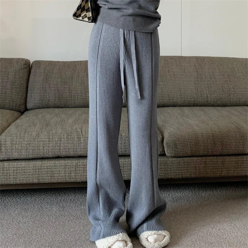 Women's Solid Color Knitted Pit Stripe Wide-leg Pants, Autumn and Winter New High-waisted Drawstring Loose Design Casual Pants,