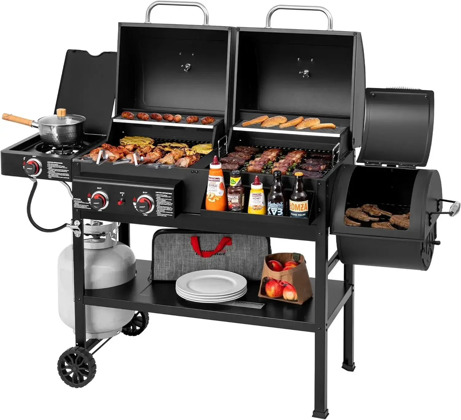 2-Burner Gas and Charcoal Grill Combo with Offset Smoker & Side Burner, 34,000 BTU Dual Fuel Grill, 1020 Sq. In. Cooking Area, I