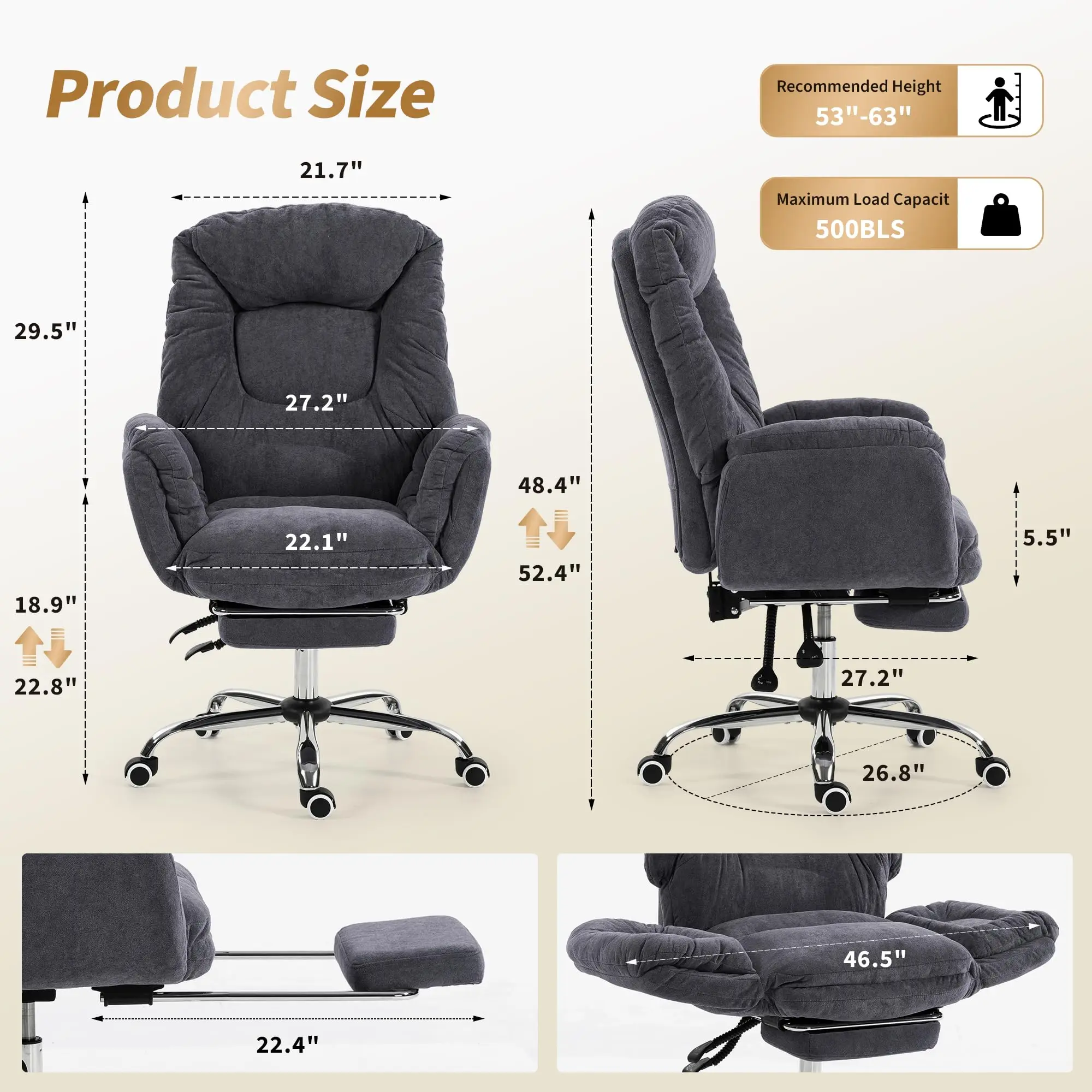 Ergonomic Office Chair with Footrest, Big and Tall Executive Office Chair with 3-Level Adjustable Armrests High Back Adjustable Gaming Chair with Wheels for Home Office ﻿