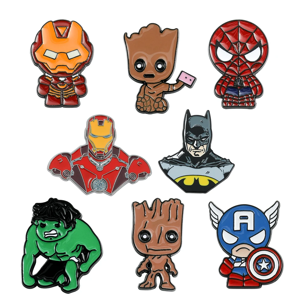 Cartoon Image Captain America Groot Hulk Iron Man Spiderman Botton Brooch Marvel Avengers Pins for Backpacks Safety Pin Brooche