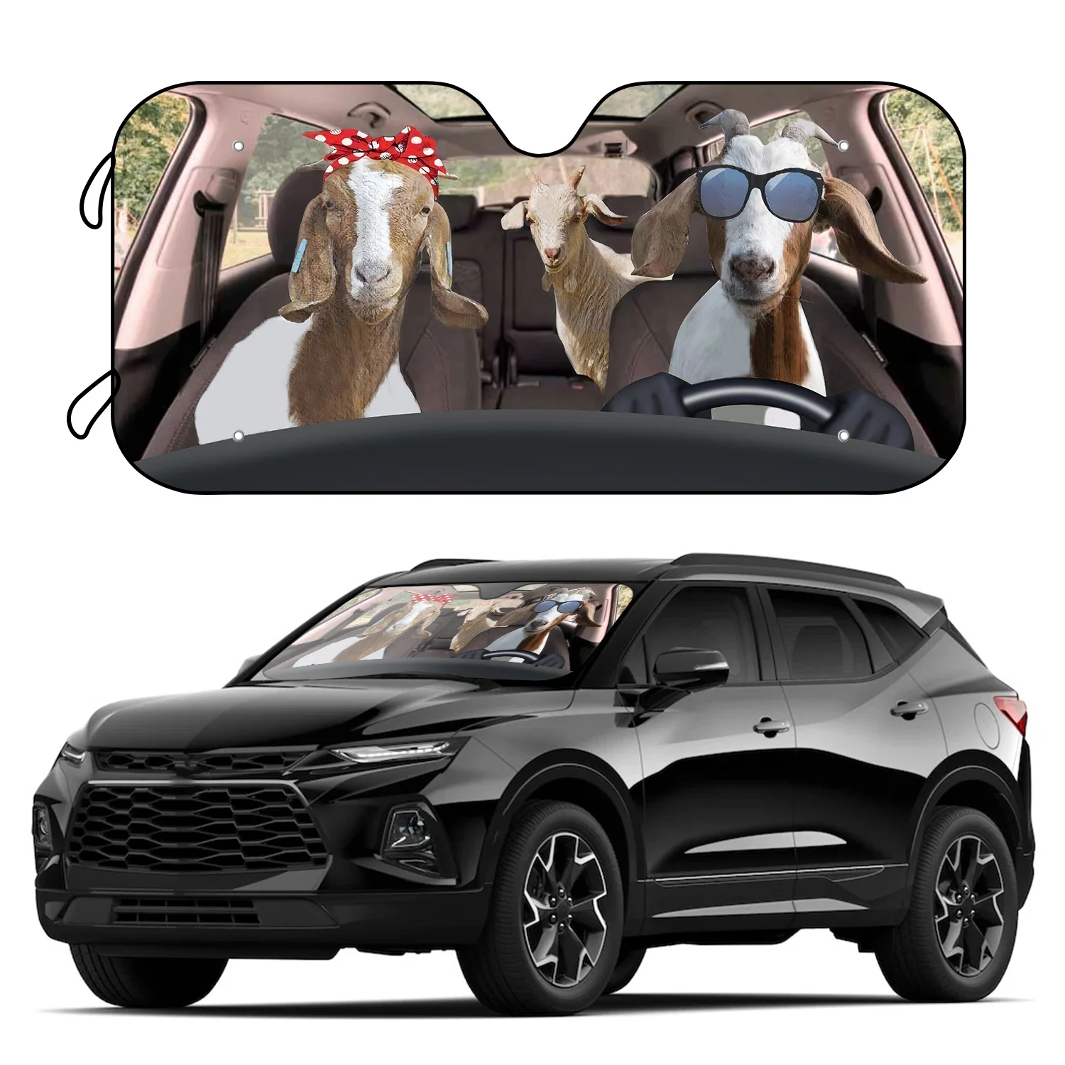 1pc Goat Couple Car Sun Shade Cover Windshield With 4 Free Suction Cups, Animal Sheep Driver Auto Foldable Blocks UV Rays Sun Vi