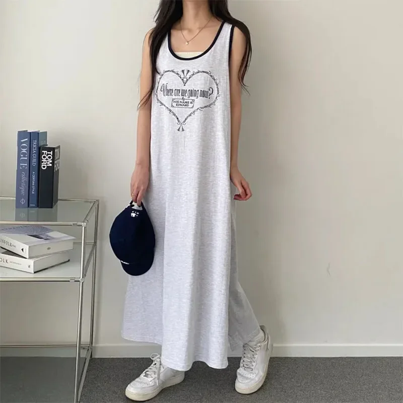 2024 Summer Women Sleeveless Dresses Side Slit Long Dresses Korean Style Female Loose Vest Dress Fashion Printed Streetwear