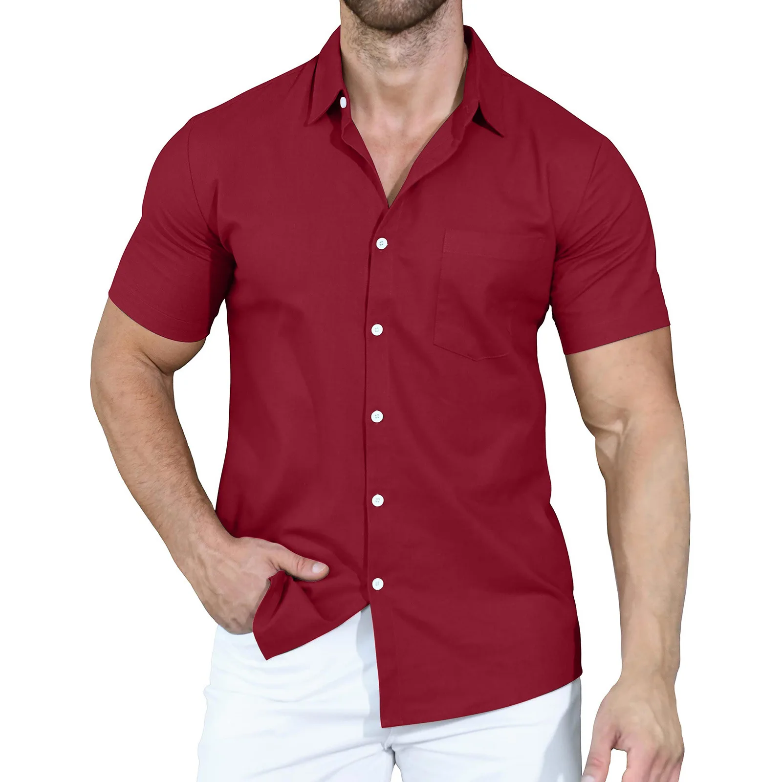 2023 Summer New Men\'s Shirts Cross border Solid Color Polo Button Loose Short Sleeve Shirt for Men