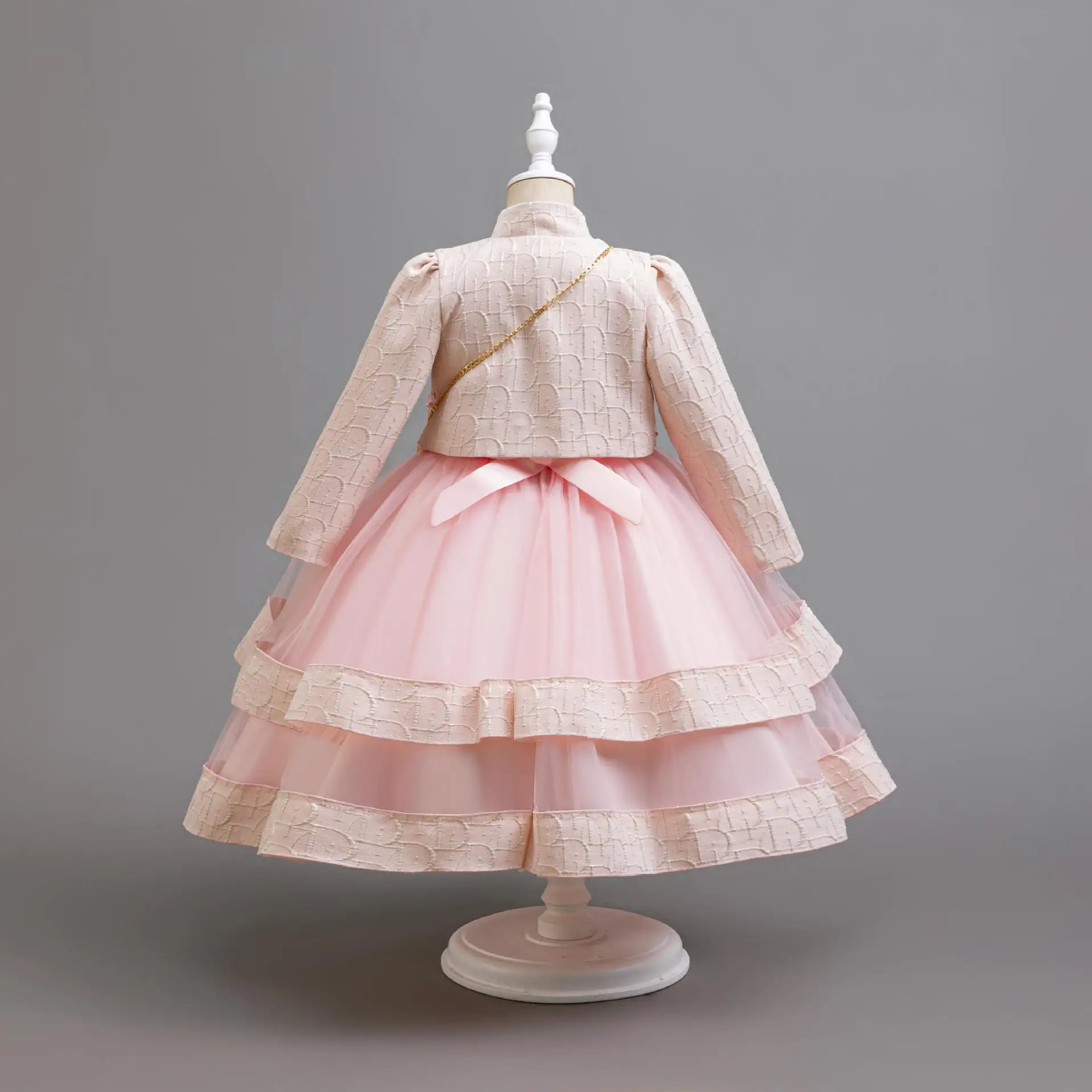 Elegant  Long Sleeve Beading Girls Dress + Coat Plaid children's  first communion ceremony formal Princess dress 1st birthday pa