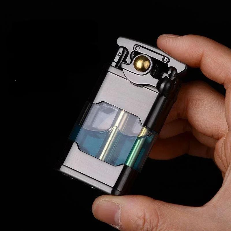 Retro Old-fashioned Windproof Kerosene Lighter Push-button Ignition Creative Rocker Transparent Fuel Tank Men's Smoking Tool