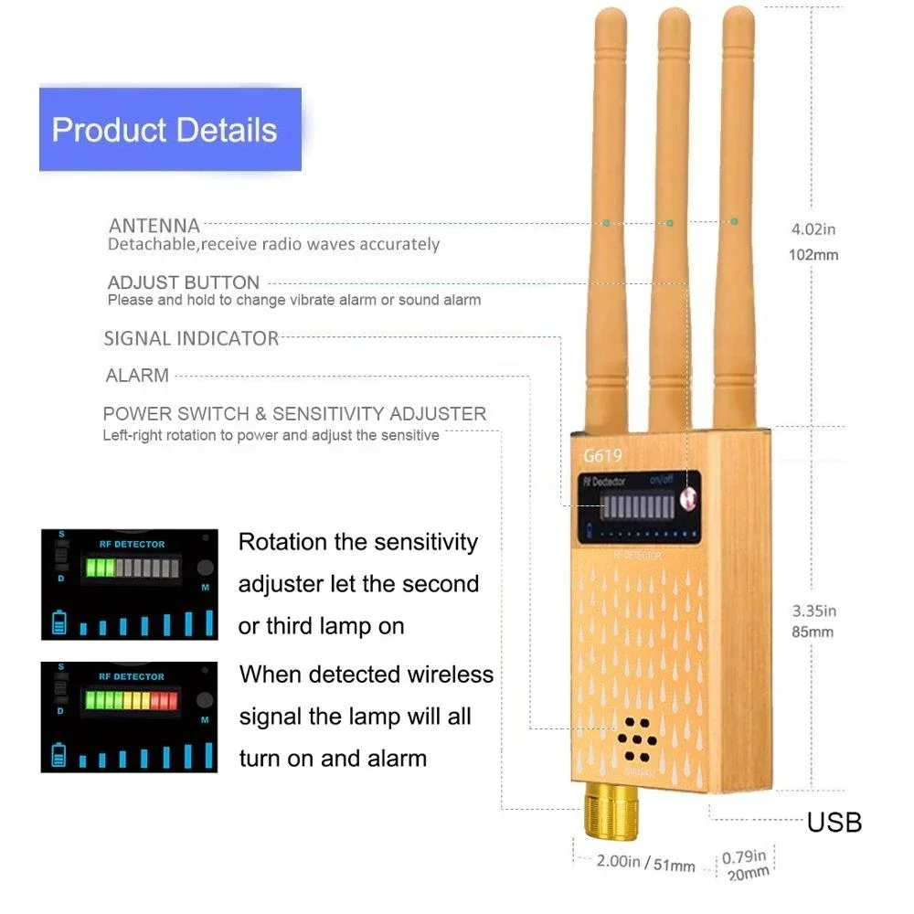 

Professional Wireless RF Signal Detector Bug GSM Device Detects GPS Locator Tracker Lens Finder Radio Anti Candid Camera Scanner