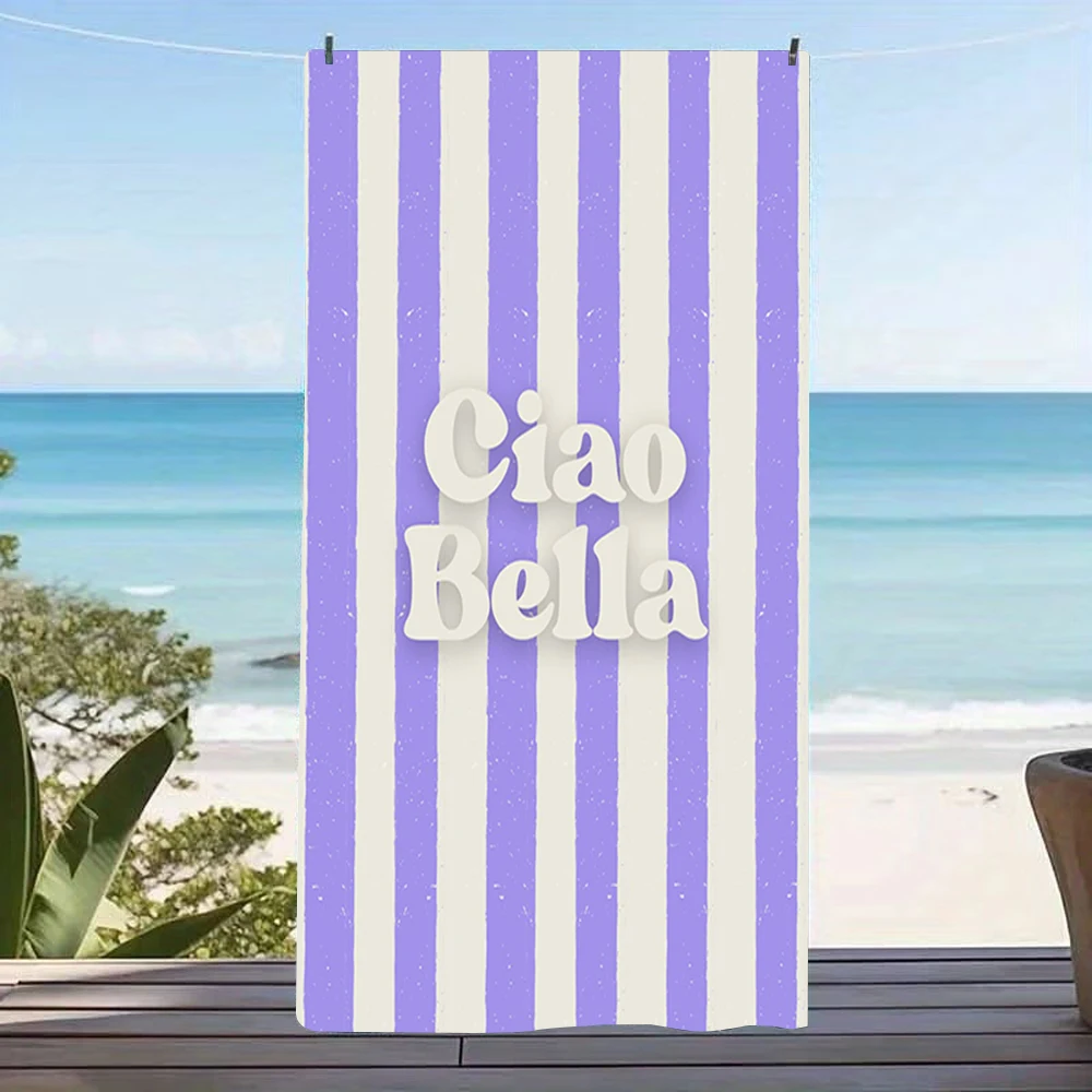Pink Light Red Stripe Ciao Bella Letter Print Beach Towel,absorbent fabric for summer beach outings,resort lounge & garden