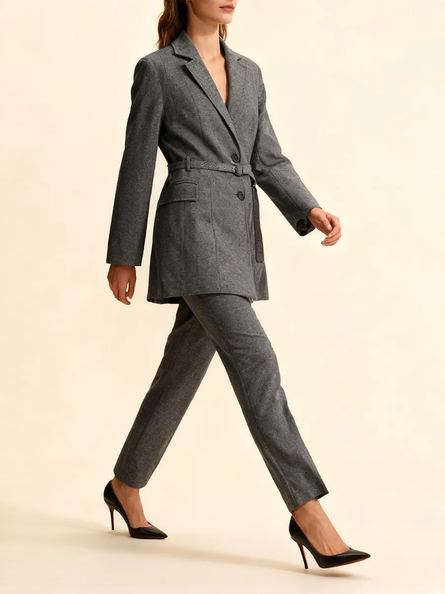 TWOTWINSTYLE – ensemble deux pièces en laine pour femmes, col cranté, ceintures épissées, manteau, taille haute, pantalon droit, costume minimaliste