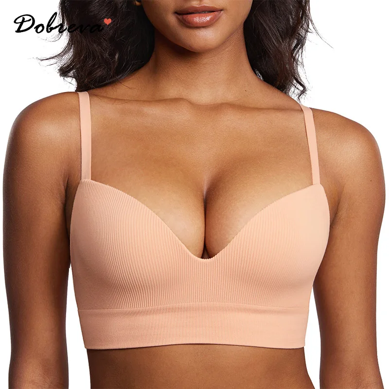 

DOBREVA Women's Wireless Push Up Bra Ribbed No Underwire Supportive Padded Longline Bralette