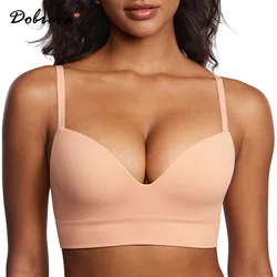 DOBREVA Women's Wireless Push Up Bra Ribbed No Underwire Supportive Padded Longline Bralette