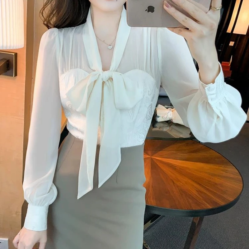 Temperamento arco laço fino blusa curta primavera outono nova manga longa sólida elegante camisa topos moda doce roupas femininas