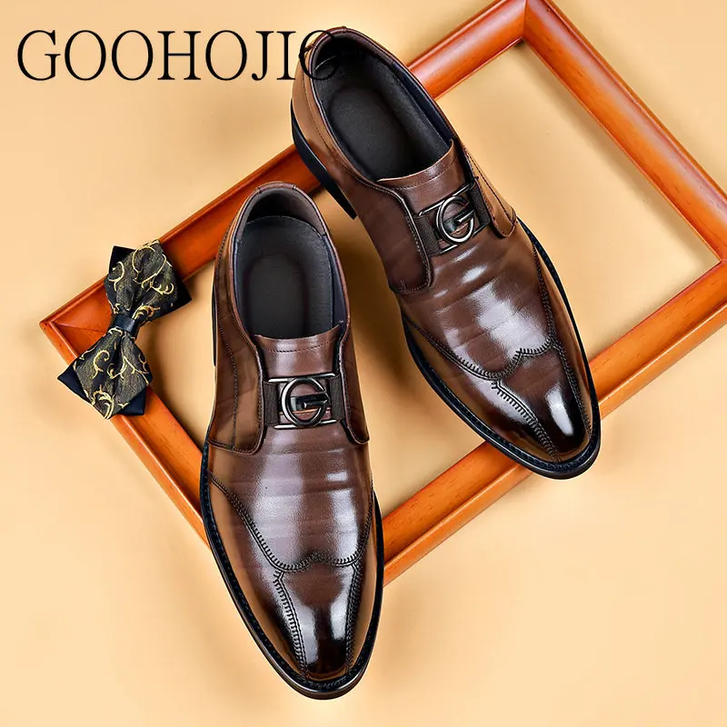 Zapatos formales de cuero para hombre, calzado de vestir Oxfords de moda Retro, calzado de trabajo elegante, sin cordones, talla 38-48, envío directo