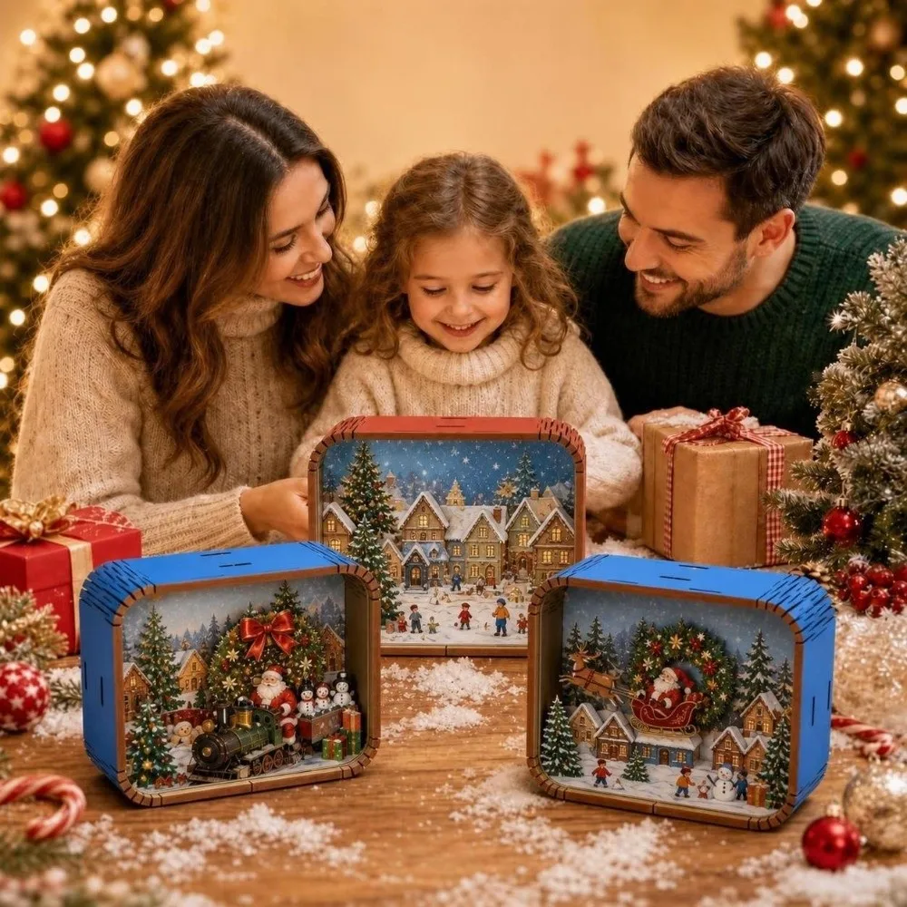 Ideal 3D Scene Christmas Music Box Wind-up Rotating Wooden Music Box Xmas Tree Santa Claus Musical Ornament Gift Home Decor