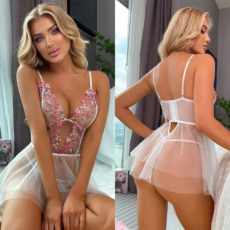 Women Sexy Lingerie Dress Transparent Nightwear Babydoll Lace Nightdress Underwear Porn Floral Embroidery Nighties Sleepwear