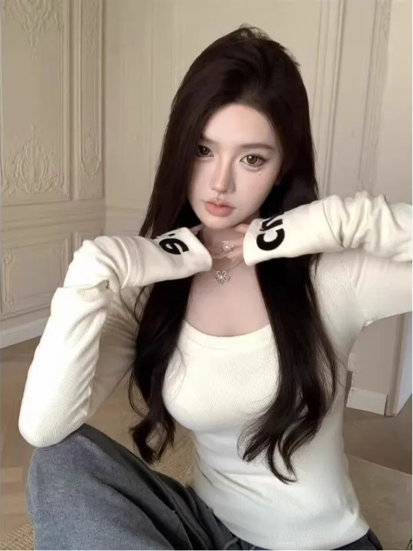 

Chic Slim Fit Long Sleeve White Tee Women's High Quality Basic Top For Autumn Spring Layering
