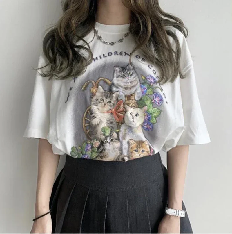 Kawaii The Kitten Club Women T Shirt Streetwear White Short Sleeve Femme Oversized Graphic Tee Cute Grunge Tops Y2k