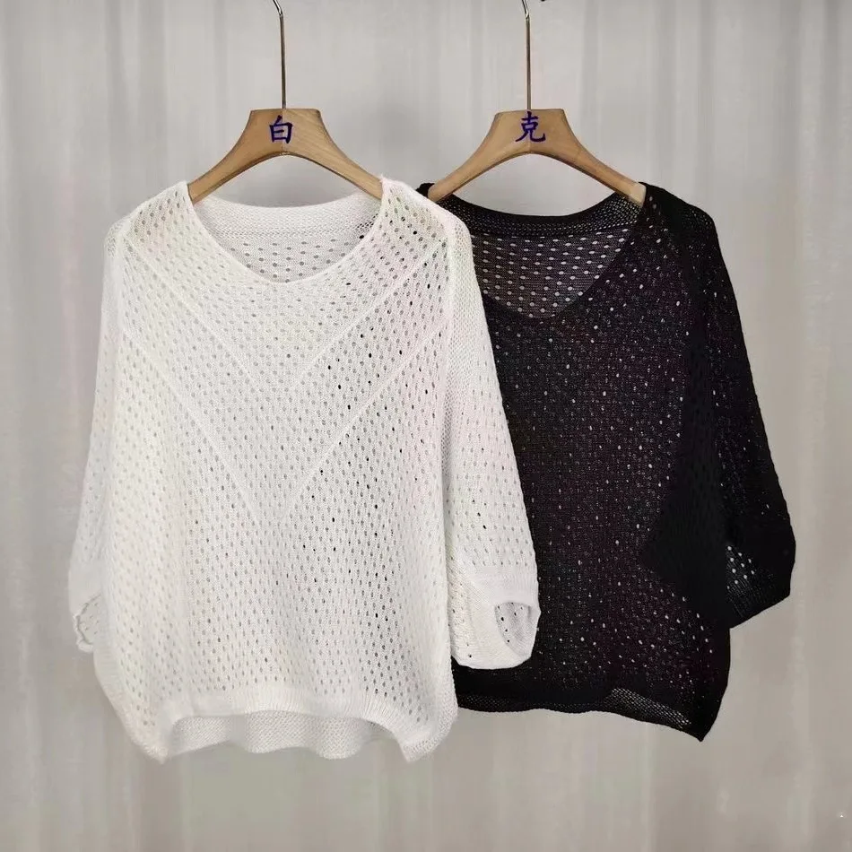 1pc Women Loose V-Neck Hollow Knit Shrug Cover Up, Versatile Long Sleeve Lightweight Ice Silk Sun Protection Kimono Outwear Card