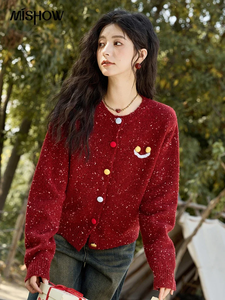 

MISHOW Wool Sweater Cardigan Women 2024 Winter Fashion Vintage Smile Embroidery Sweaters Contrast Color Loose Tops MXD35Z0988