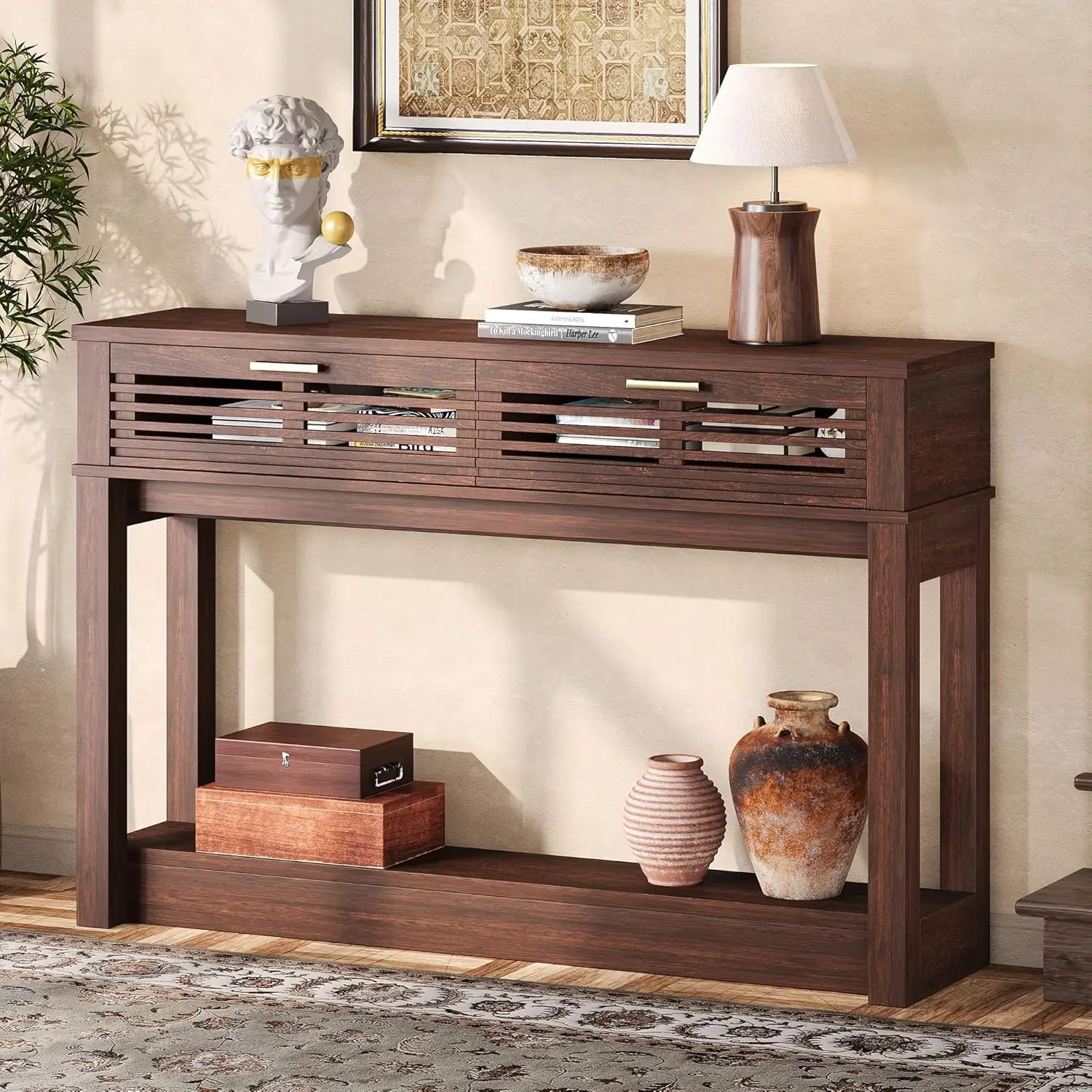

Стол для прихожей IRONCK, консольный столик 47 дюймов с ящиком для гостиной, деревянный придиванный столик с местом для хранения, цвет красный орех