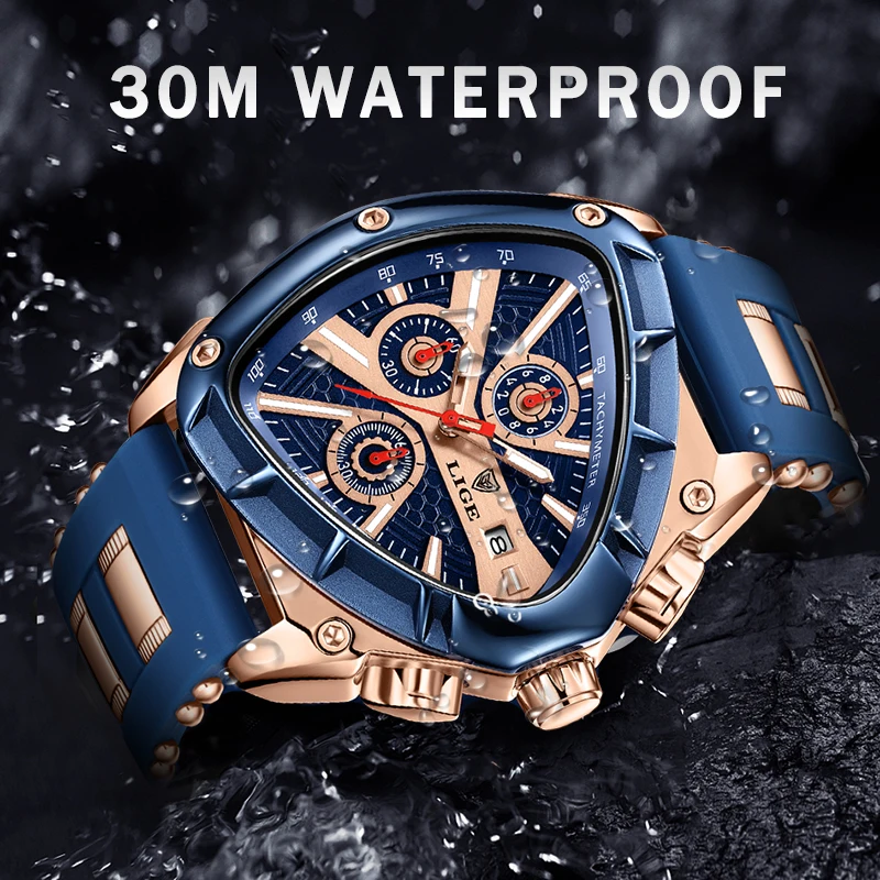 LIGE Fashion Men's Watch Luxury Triangle Quartz Watches Men Military Waterproof Luminous Chronograph Wristwatches Reloj Hombre