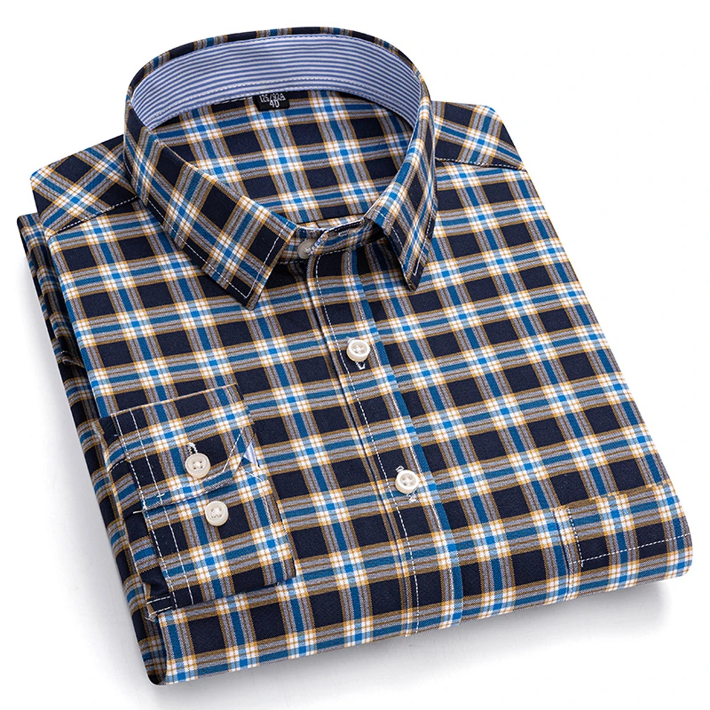 Men's Trendy Plaid Striped Lapel Collar Design Cotton Dress Shirts, Long Sleeve Casual Button Up Commuter Shirt For Spring/Fall