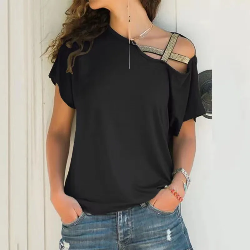 Summer New Fashion Casual Cross Shoulder Irregular Short-Sleeved T-Shirt Women's Trendy Ropa Mujer