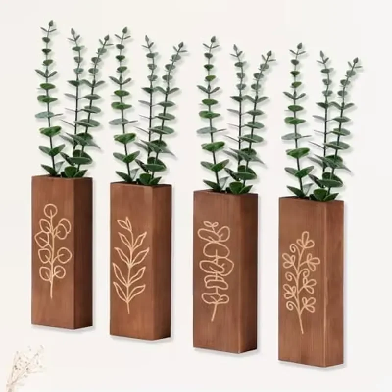 for 4 Pack Wooden Wall Flower Pot Vase with 12 Artificial Eucalyptus Plants Carved Decoration  Living Room Kitchen Wall Decor