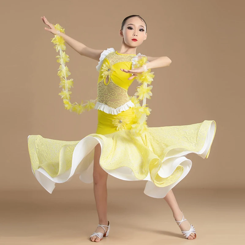 Standard Ballroom Dance Dress Yellow Waltz Competition Girl Sleeveless Long Dresses For Modern Dance Performance Summer VDL263