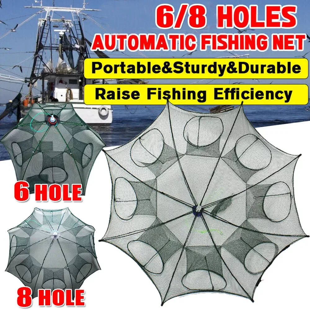 6/8 Holes Portable Folded Fishing Net Automatic Shrimp Minnow Crab Baits Hand Cast Mesh Trap Fishing Tackle