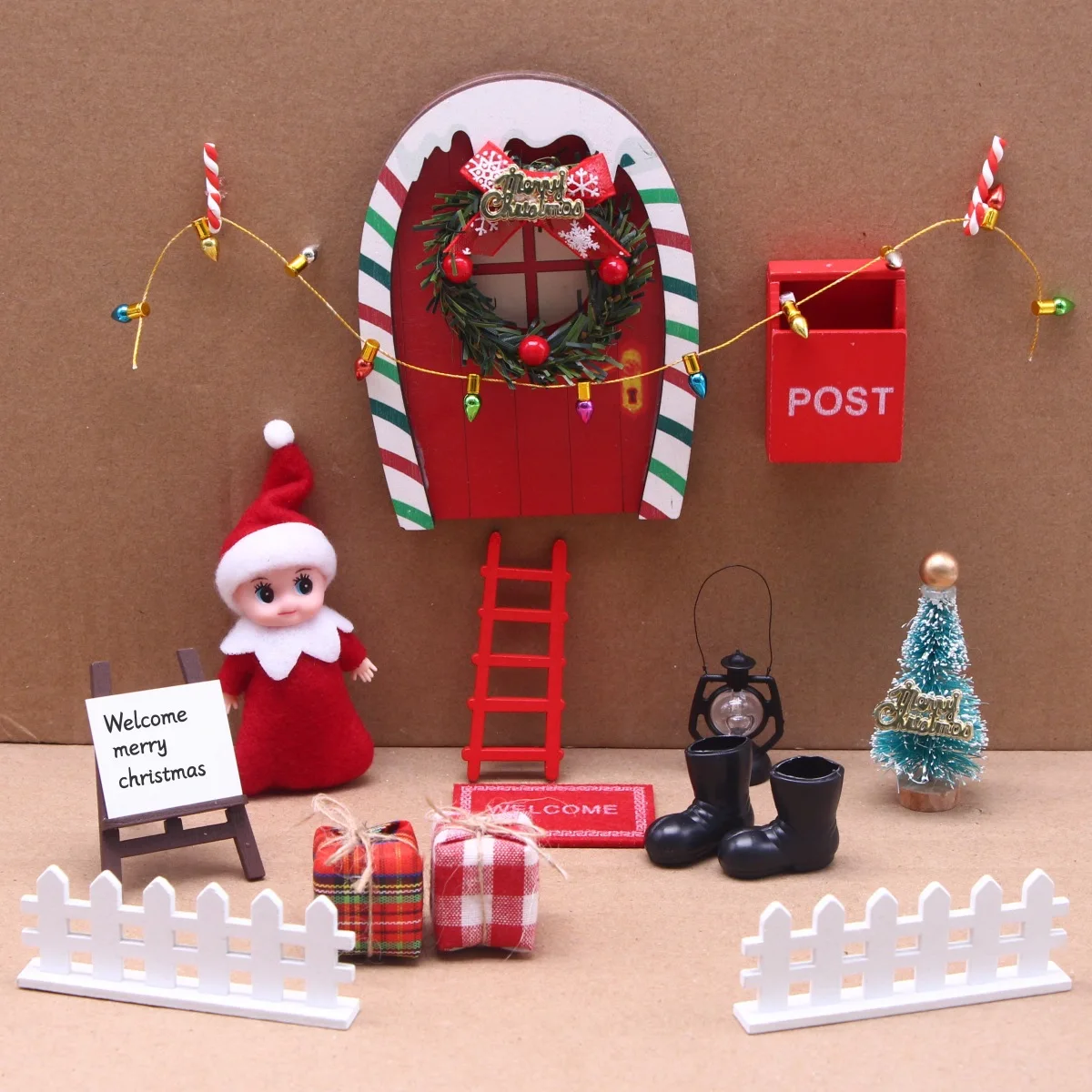 Amazon cross-border new doll house red and green rainbow door Christmas set elf elf doll miniature scene ornament