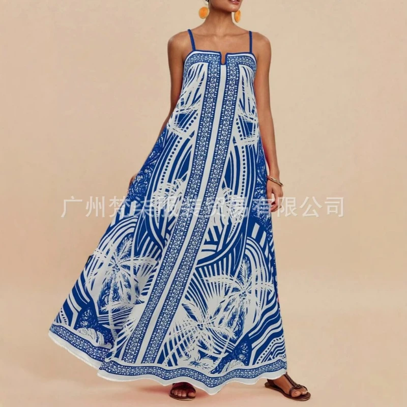 

Women Print Dress Beach Sleeveless Sling Long Dresses A Line Casual Loose V Neck Party Vestidos Elegant Lady Summer 2025