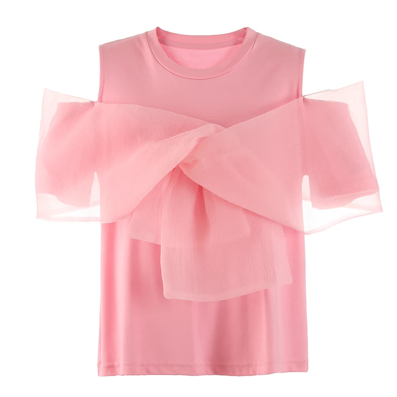 

Pink T-shirt Women Mesh Bow Off-shoulder Elegant T-shirt New Round Neck Short Sleeve Fashion Chic Spring Summer 2024 Design 4391