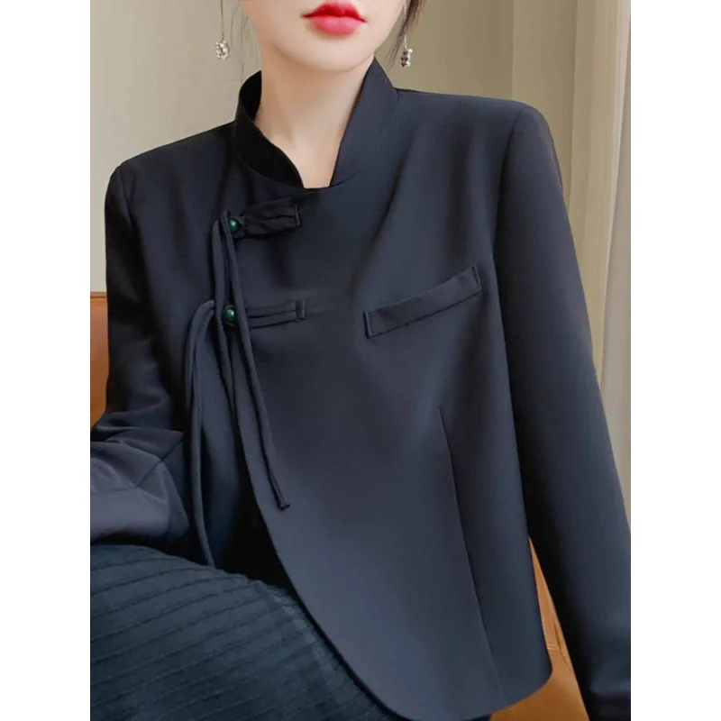 

Autumn New Short Blazer New Chinese National Costume Style Soft Satin Small Women Blazer Jacket