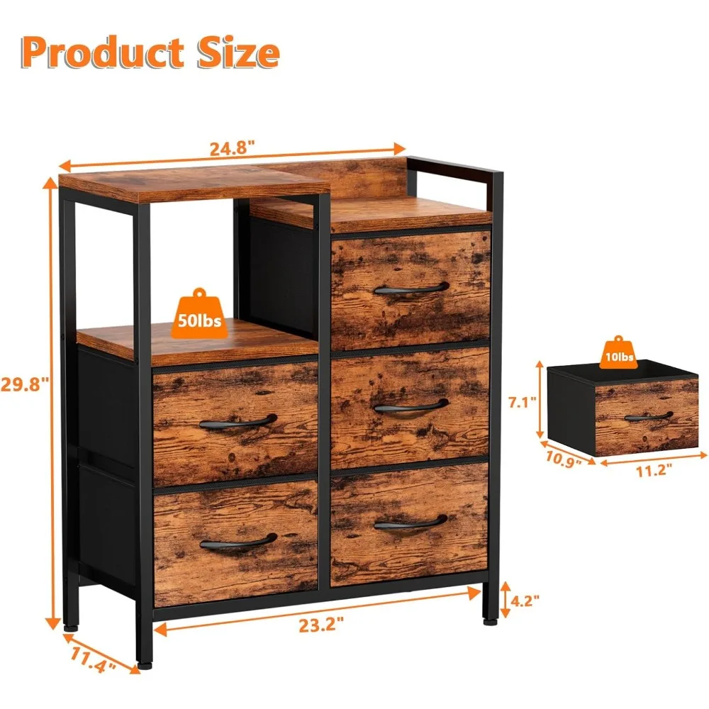 5 Drawer Rustic Brown Dressers for Bedroom 2 Tier Shelf Storage Small Fabric Dresser for Closet Sturdy Metal Frame Modern Style