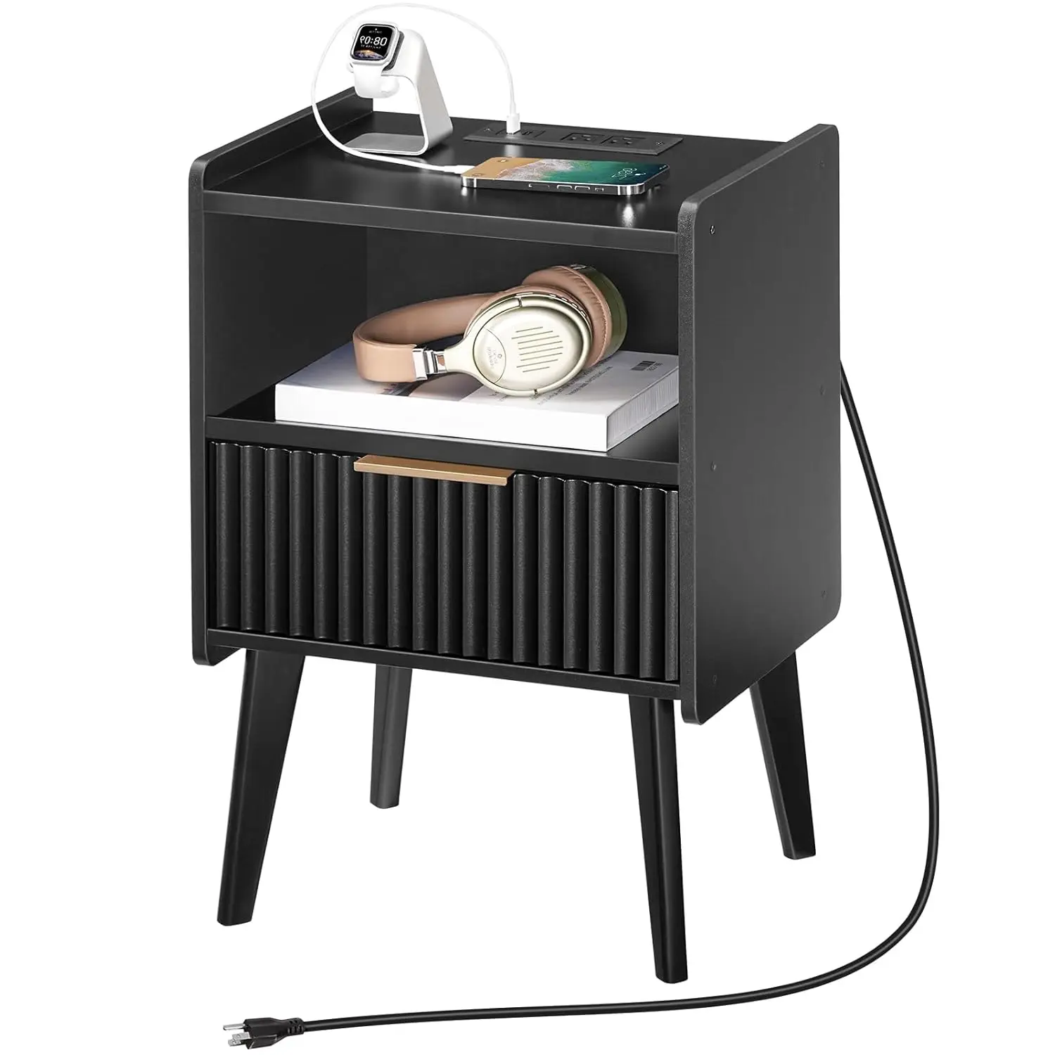 

Черная прикроватная тумбочка с зарядной станцией, современный прикроватный столик с ящиком и полкой для хранения, приставной столик, на заказ